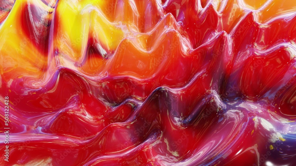 Aufkleber 3d render. liquid red yellow orange pattern like waves. 3d stylish abstract bg of wavy surface like 