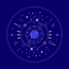 Mysterious space round composition with planets and stars. Vector illustration on theme of astrology, astronomy, esotericism. Cosmic art. Celestial bodies. Cover, card, print on clothes, poster