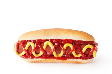 hot dog with ketchup and mustard, isolated on white background
