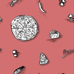 Pizza and ingredients - hand drawn seamless pattern on burgundy or dark red  background