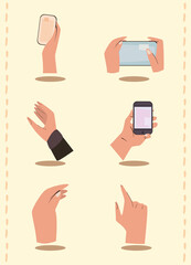 Obraz na płótnie Canvas six hands with smartphones