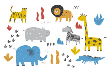 Cute african animals and plants in scandinavian style Vector hand-drawn colored children's simple set Elephant, zebra, crocodile, lion. Cartoon animals EPS