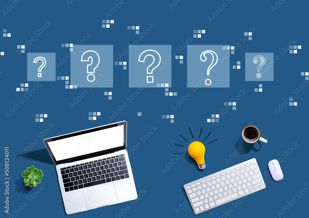 Poster question marks with computers with a light bulb from above