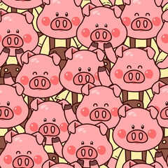 Cute pigs. Seamless pattern with kawaii characters. Colorful vector art.