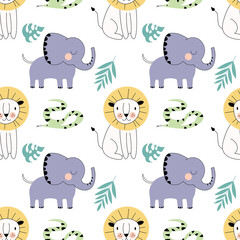 Obraz premium Safari childish seamless pattern vector illustration with lion, elephant, snake, with green leaves on white background. EPS