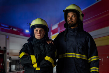 Happy firefighters man and woman after action looking at camera with fire truck in background