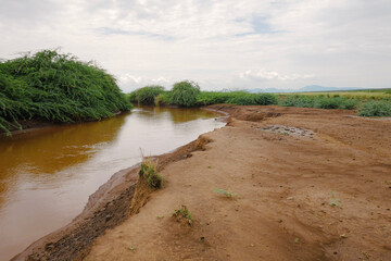 Fototapeta premium Scenic view of Ewaso Nyiro River flowing into Lake Natron in Tanzania