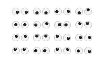 Googly plastic eye toy vector icon, animated doll, puppet wobbly eyeball, cartoon character collection isolated on white background. Cute silly illustration - obrazy, fototapety, plakaty