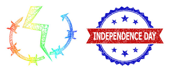 Obraz premium Mesh net freedom carcass icon with spectral gradient, and bicolor unclean Independence Day watermark. Red stamp seal includes Independence Day caption inside blue rosette.