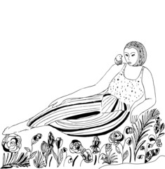 Woman lying down with a bird around flowers 