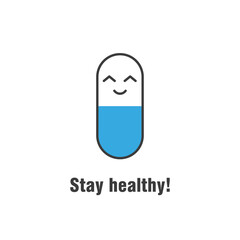 Cartoon Doodle Funny Capsule. Vector Colorful Set. Happy Kawaii capsule icons stay healty.	