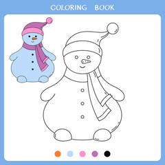 Simple educational game for kids. Vector illustration of cute snowman for coloring book