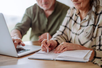 Close up, senior couple calculate expenses or planning budget together at home.