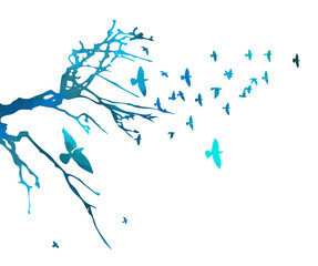 Realistic blue illustration with silhouettes of three birds - crows or ravens sitting on tree branch without leaves and flying, isolated on white background - vector