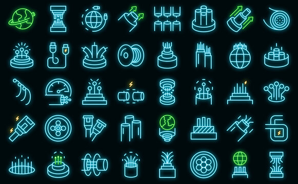 Optic fiber icons set outline vector. Cable wire. Broadband internet vector neon