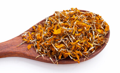 Dried marigold flower petals on white background. Flower herbal tea concept.