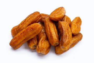 Sun-dried bananas on white background.