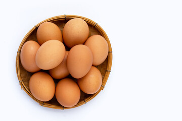 Fresh eggs on white background. Copy space