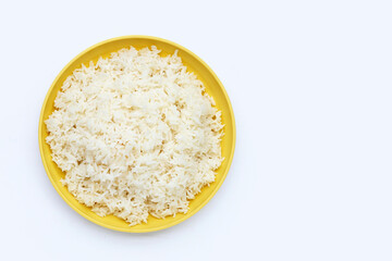 Dish of rice on white background.