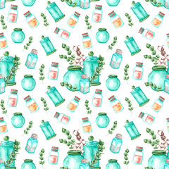 Kitchen watercolor seamless pattern. Kitchenware, kitchen utensils. Cookbook, recipe, cooking, baking, food. Digital paper. Bank, seasonings, spices. Vintage. For printing on textiles, wrapping paper.