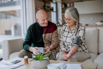 Fototapeta na wymiar Senior couple at home measuring blood pressure.