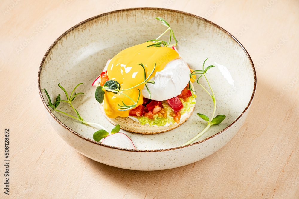 Sticker poached egg and avocado puree on toast