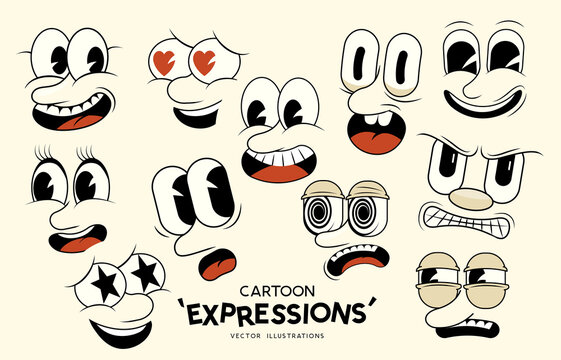 A collection of classic retro cartoon faces and emotional expressions! vector illustration.