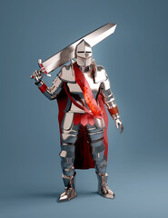 Fototapeta A person wearing A knights suit standing and carrying a large sword. 3D illustration. obraz