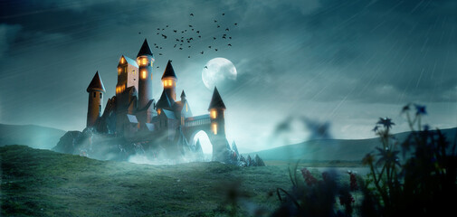 Fototapeta An ancient mythical castle landscape scenic on a stormy evening. Fantasy 3D illustration. obraz