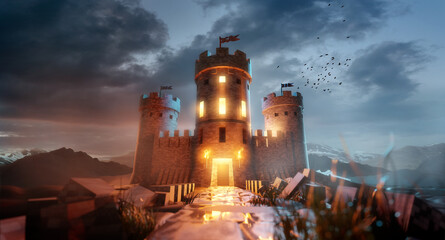 An ancient fantasy medieval castle set against a scenic landscape at dusk. 3D illustration. © James Thew
