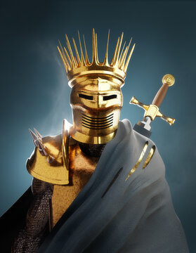 A King Of Knights Wearing A Suit Of Gold Armour, Medieval Warrior 3D Illustration Portrait