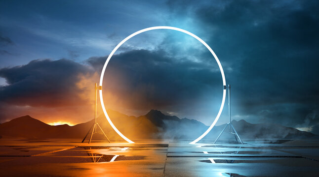Glowing atmospheric lighting loop circle set against an outdoor landscape. Product placement b3D illustration background.