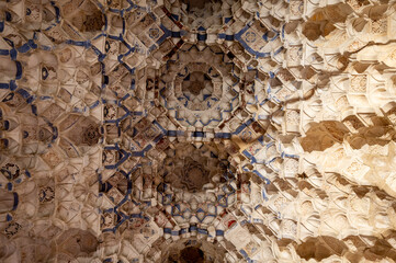 Ornamental ceiling and walls in Nasrid Palaces in the Alhambra palace Granada, Andalusia, Spain