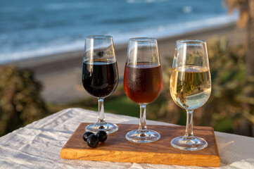 Tasting of Spanish sweet and dry fortified Vino de Jerez sherry wine and green olives with view on blue sea near El Puerto de Santa Maria, Andalusia, Spain