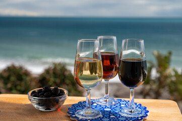 Tasting of Spanish sweet and dry fortified Vino de Jerez sherry wine and green olives with view on blue sea near El Puerto de Santa Maria, Andalusia, Spain