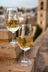 Tasting of sweet and dry fortified Vino de Jerez sherry wine with view on roofs and houses of old andalusian town