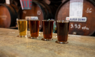 Tasting of different sweet wines from wooden barrels on old bodega in central part of Malaga, Andalusia, Spain
