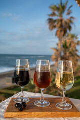 Tasting of Spanish sweet and dry fortified Vino de Jerez sherry wine and green olives with view on blue sea near El Puerto de Santa Maria, Andalusia, Spain