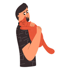 Man and kitty portrait. Cat and human hug. Emotional support animal. Vector illustration