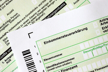 German annual income tax return declaration form for 2022 year close up. The concept of tax...