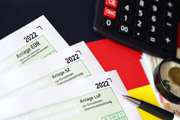 German different tax declaration blank forms - Anlage EUR, Anlage SZ and Anlage Luf. Documents lies...
