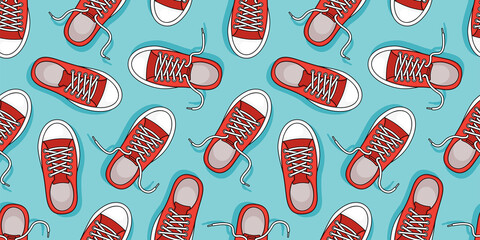 Sneakers vector seamless pattern, sport shoe background, red footwear texture. Cartoon repeat illustration