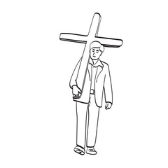 line art full length businessman holding Christian wooden cross illustration vector hand drawn isolated on white background