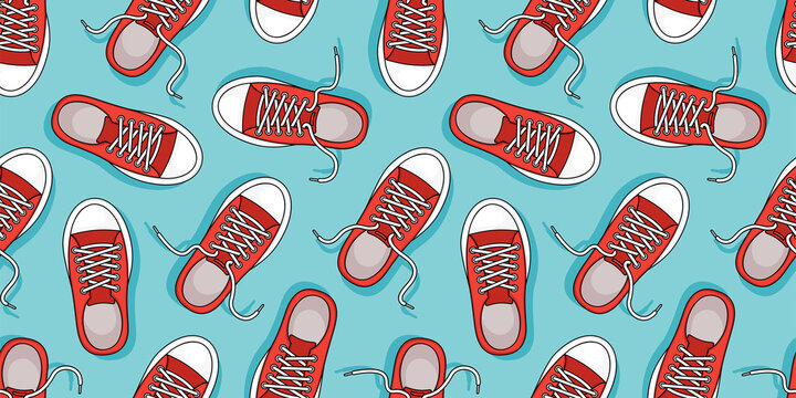Sneakers vector seamless pattern, sport shoe background, red footwear texture. Cartoon repeat illustration