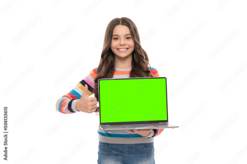 Sticker look here. school presentation on computer. kid ready for video lesson. teen girl with laptop.