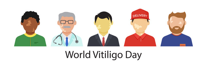 Vitiligo vector character, pigmentation skin on different people, portrait of international men. World Vitiligo Day illustration
