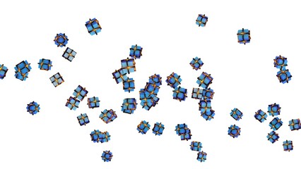 Orange illuminated blue-white cubes under white background. Block chain network technology concept illustration. 3D illustration. 3D CG. 3D high quality rendering. 