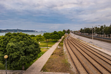Docas da Ponte Garden with trees next to railway lines in Alcântara, Lisbon PORTUGAL