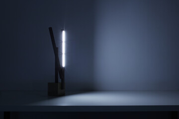  Modern desk lamp on empty table , Gravity  illuminated.Metaphor. Unique design.
