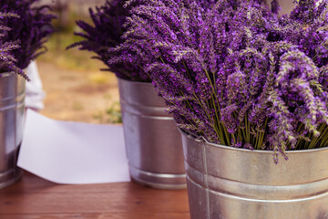 Bunches of Purple Lavender in Metal Buckets For Sale